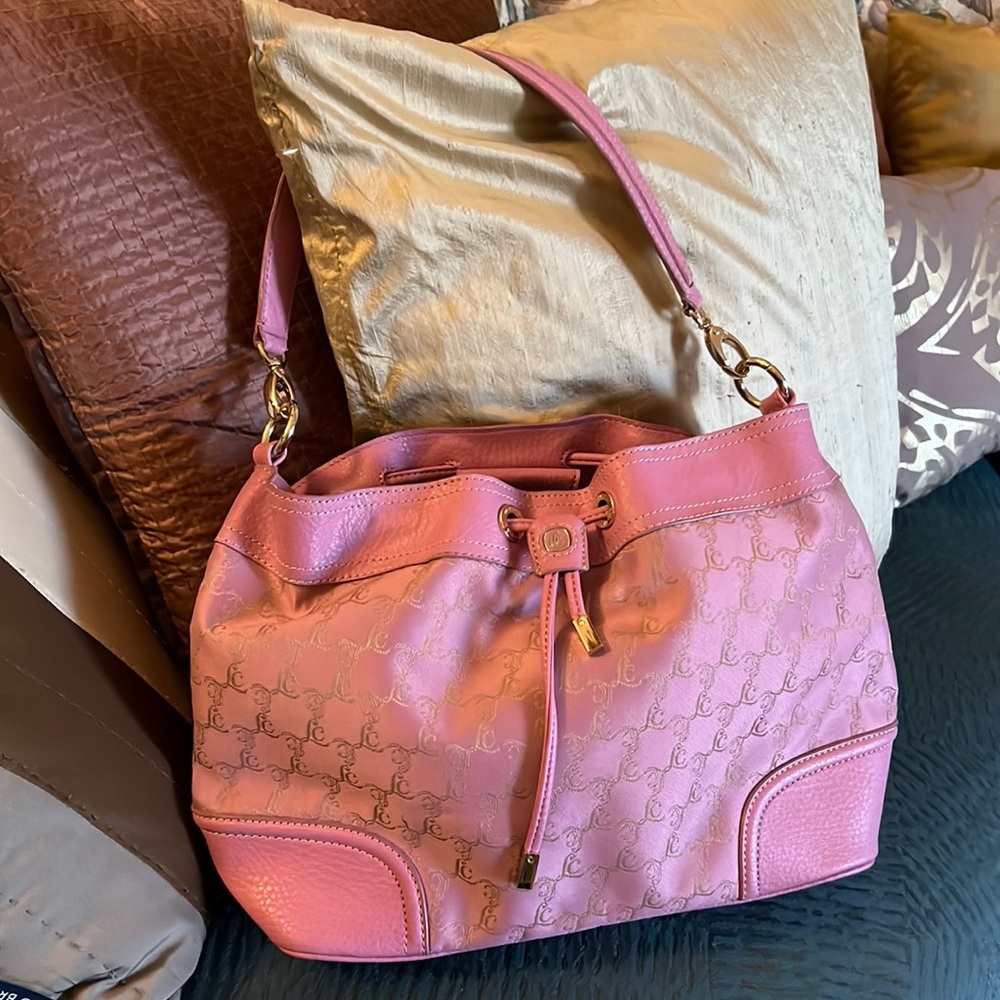 Liz Claiborne: over the shoulder purse. Pink with gold accents.